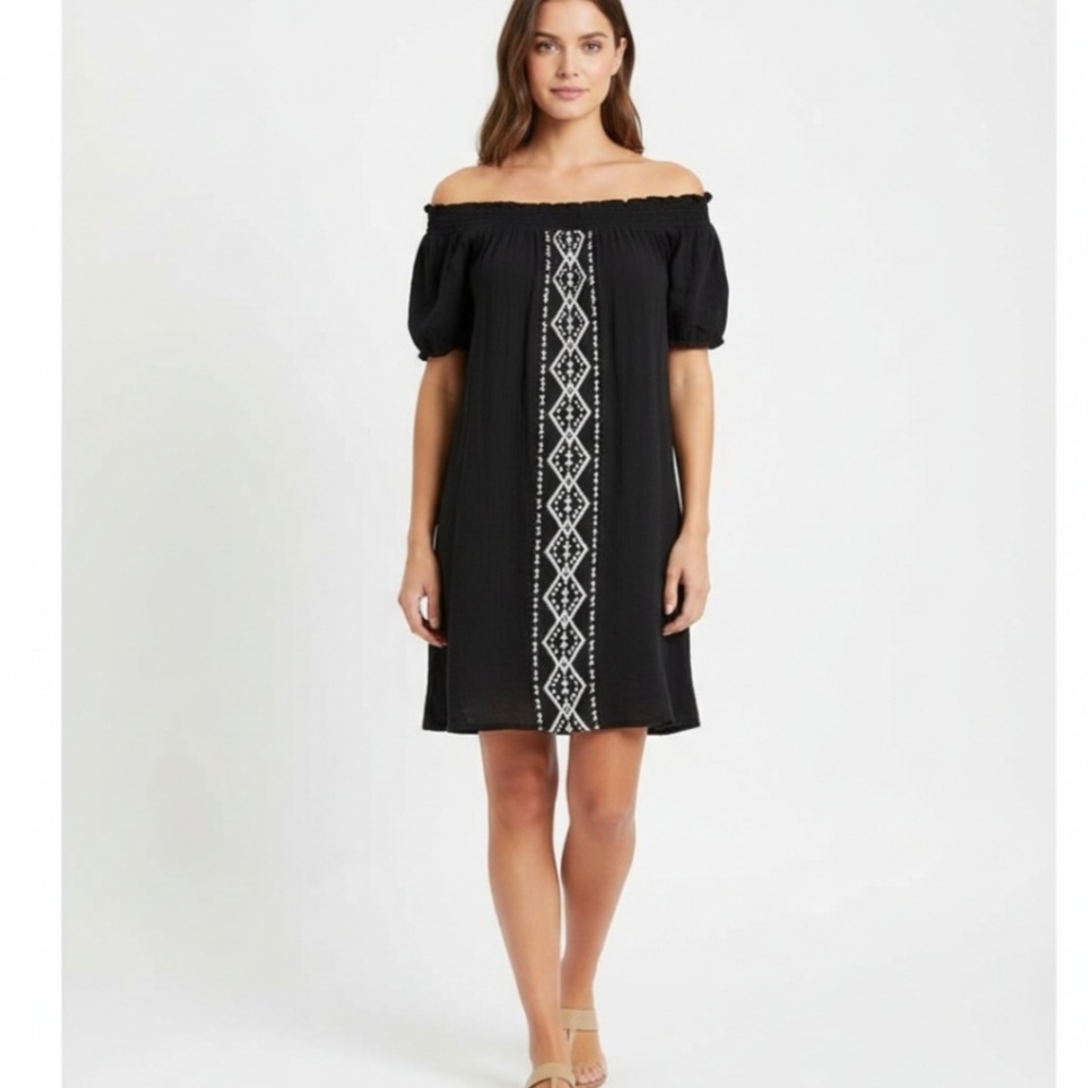 Speechless Black Off-Shoulder  Peasant Dress with White Embroidery Pattern Large